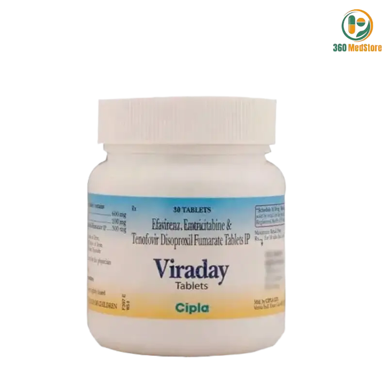 Viraday - Efavirenz 600mg, Emtricitabine 200mg Tenofovir Disoproxil Fumarate 300mg x 30 Tablets (Generic Atripla) - HIV Medication